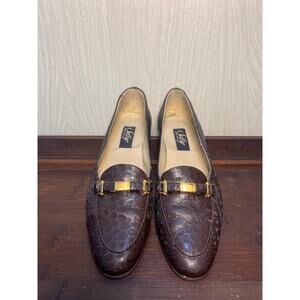 Vintage Selby Brown Embossed Leather Loafers with Gold Buckle Detail